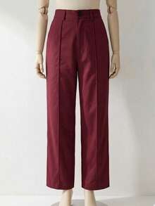 Women's Autumn High-Waist Straight Leg Pants, Elastic Back Waist, With Front Side Patchwork Seams, Ideal Choice For Elegant Office Commute And Street Fashion - Burgundy - View 2