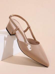 1 Pair Black Plus Size Women's High Heel Sandals, Soft Solid Color Shiny PU Fabric, Back Strap Buckle Design, Classic Pointed Toe Chunky Heel Wedge Sandals, Suitable For Women's Gatherings, Shopping, Travel, Vacation, Outdoor Wear, Spring/Summer New Style - Apricot - View 5