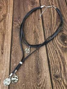 1pc Elegant Vintage Rope Layered Disc Pendant Necklace, Casual Daily/Holiday Party/Travel Jewelry Gift - 黑色 - 查看 2