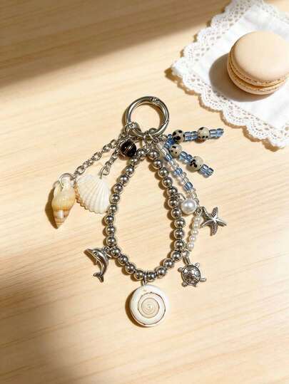 Beaded Ocean Style Keychain With Shell, Conch, Dolphin, Phone Pendant, Minimalist Seawater Vibe Bag Charm, Unique Small Turtle Accessory