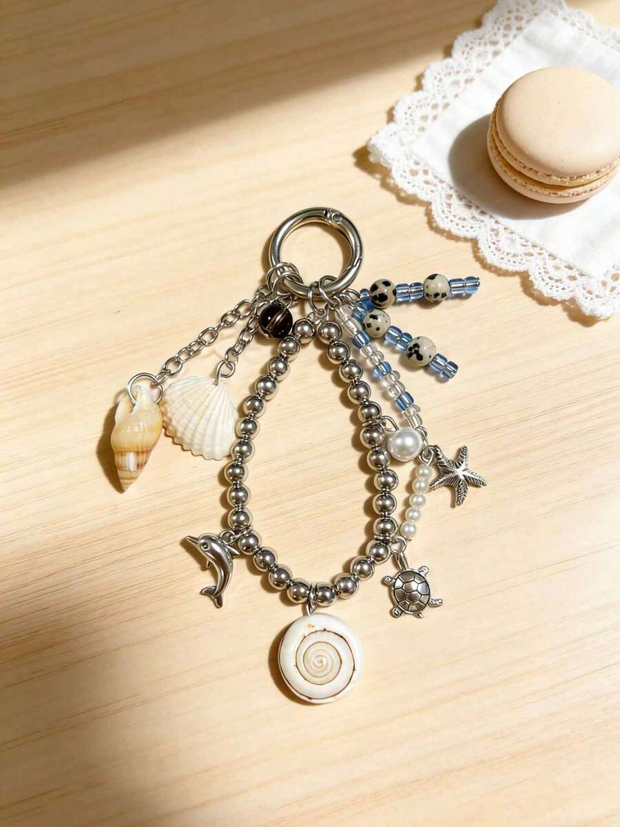 串珠海洋风钥匙扣，饰有贝壳、海螺、海豚，可作手机挂件，简约海洋风包包挂饰，独特小海龟配饰 - 彩色 - 查看 1