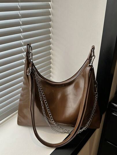 1 pieza Bolso de medialuna acolchado de PU de unicolor con cierre de cremallera, nuevo bolso de medialuna de cuero suave retro, bolso de hombro versátil y de moda, bolso de medialuna relajado de este año, bolso de hombro casual de gran capacidad de cuero encerado, bolso cruzado alegre con cierre de cremallera y decoración de cadena, adecuado para oficina, negocios, citas, compras, clases universitarias, regalo para novia/mejor amiga, adecuado para uso diario