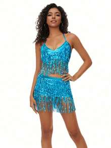 一套亮片流苏连衣裙套装，女士两件套，露脐上衣吊带衫包包提臀迷你裙闪亮流苏套装，万圣节主题 - 彩色 - 查看 8