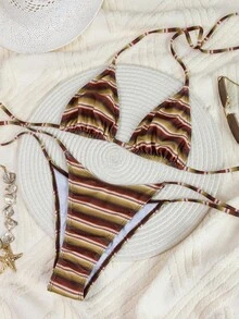 Onefish Stripe Triangle Halter Neck Adjustable Tie Removable Padding Bikini Top Paired With Matching Tie Side Bikini Bottom Two Pieces Bikini Set Vacation Beach Summer - Brown - View 3
