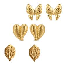Bộ 3 đôi bông tai, bông tai nơ xinh xắn, bông tai hình trái tim xoắn ốc tinh tế, trang sức lá cây thời trang, thép không gỉ mạ vàng, thích hợp cho đeo hàng ngày, dự tiệc, phối với váy gợi cảm, làm quà tặng cho bạn gái, chị gái, quà Ngày của Mẹ, quà Ngày Valentine, quà tặng ngày lễ. - Vàng - Xem 10