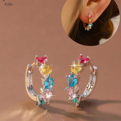 Hihho 一对彩虹心形耳环，镀银/镀金，奢华欧式镶嵌锆石耳环，甜美元素搭配彩色宝石，适合送礼、通勤和约会等各种场合。
