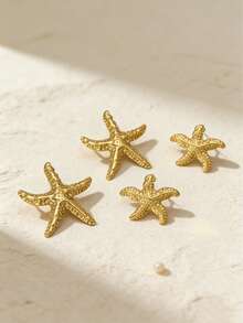 4pcs Fashionable Starfish & Shell Earrings Set, Suitable For Summer Travel And Festivals. Retro Style Gold-Tone Starfish Earrings, Stainless Steel Minimalist Chic Earrings, Personalized Jewelry Gift For Ladies, Jewelry Store - Multicolor - View 6