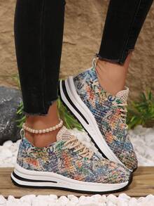 2026 New Women's Fashion Rainbow Gradient Lace Mesh Platform Casual Shoes, Breathable Lightweight Summer Sneakers - Blue and Apricot - View 5