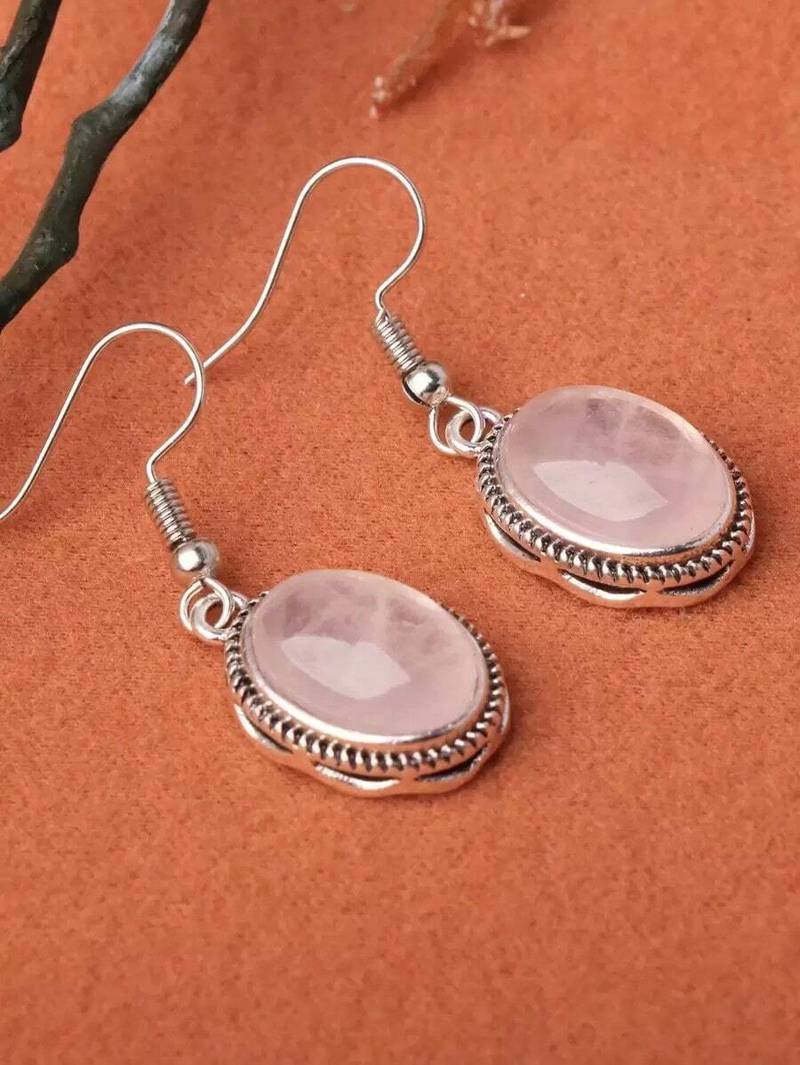 1 Pair Vintage Oval Rose Quartz Versatile Holiday Style Earrings, Multiple Colors Available (Natural Stone Texture May Vary) - 粉色 - 查看 1