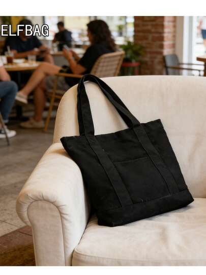 1pc Large Capacity Solid Color Pattern Minimalist Canvas Tote Bag, Fashion Casual College Style Shoulder Bag, Unisex Minimalist Commuter Handbag, Pure Black Work/Shopping Bag, Japanese School Style Student Handbag, Suitable For Daily Commute, Shopping, School, Travel, Unisex