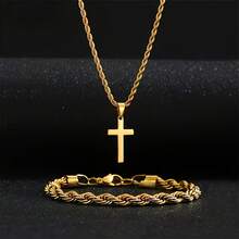 Gold/Silver Cross Jewelry Set - Braided Chain Necklace & Bracelet 2-Piece Set For Men/Women - Gold - View 1