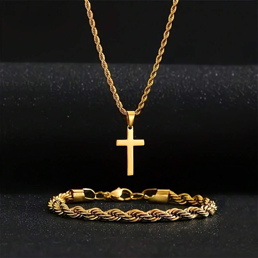 Gold/Silver Cross Jewelry Set - Braided Chain Necklace & Bracelet 2-Piece Set For Men/Women - Gold - View 1