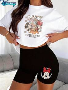 Disney Two-Piece Set, T-Shirt + Shorts Outfit, Checkered Minnie & Co. Graphic Print Casual Set, Comfortable Short Sleeve T-Shirt And Shorts Ensemble, Perfect For Outdoor Activities - trắng - Xem 1