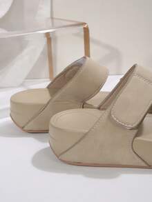 Plus Size Women Casual Comfortable Thick Sole Hook And Loop Sandals, Leisure Open Toe Beach Resort Wedge Sandals, Non-Slip Beach Shoes - Khaki - View 4