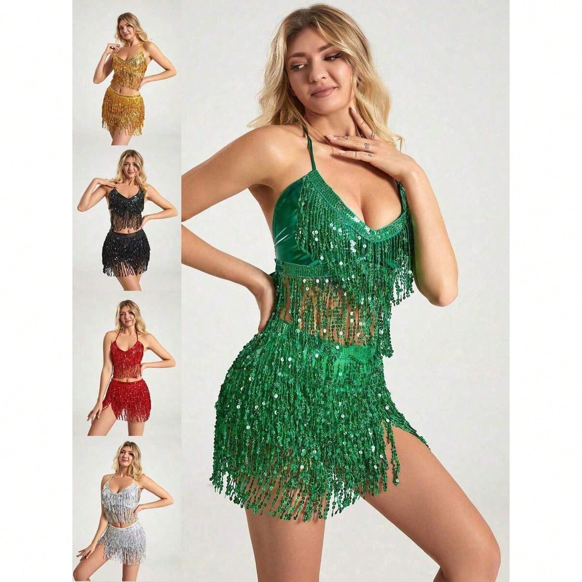 Set de Vestido con Flecos de Lentejuelas Mujeres Dos Piezas Blusa Corta Camisola Bolso Minifalda Levantadora de Cadera Conjunto Brillante con Flecos p