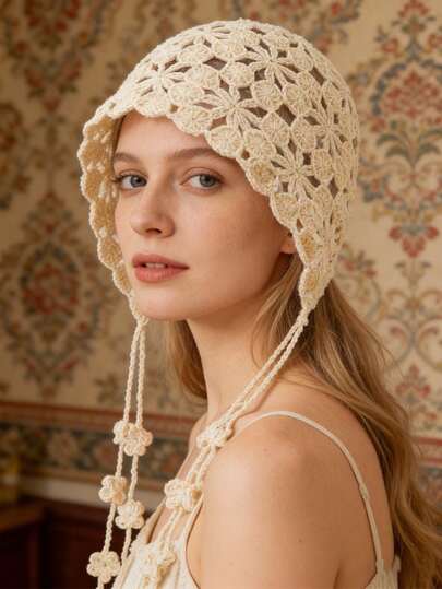 1 pieza Sombrero de punto elegante, transpirable y ligero con flor de moneda calada hecho a mano a ganchillo, estilo primavera/verano para mujer, sombrero tejido artesanal con borla