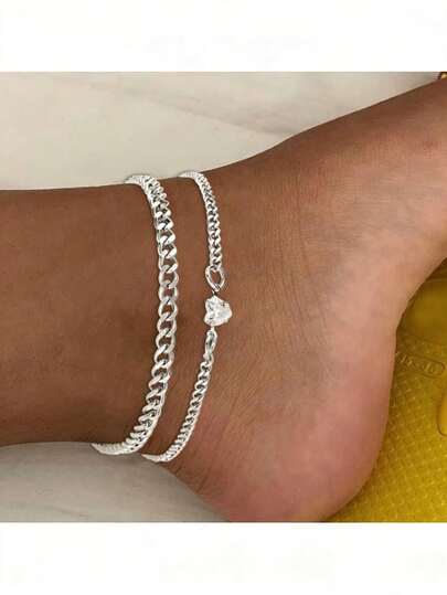 Set de 2 piezas de tobillera minimalista con cadena de acero inoxidable y corazón de rhinestone, regalo para mujeres, adecuado para citas, vacaciones y uso diario