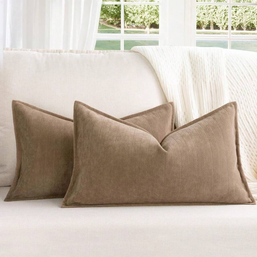 1 vỏ gối trang trí bằng vải chenille họa tiết xương cá (không bao gồm ruột gối), phong cách trang trí nhà nông thôn, màu trơn, phù hợp cho phòng ngủ, ban công, phòng khách, phòng ăn, ghế sofa gia đình, gối ngủ. - Màu Khaki - Xem 1