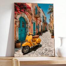 1幅帆布墙画，带框墙画，黄色摩托车墙饰，意大利街景海报，彩色门廊装饰，地中海风格旅行装饰，复古摩托车摄影，欧洲复古艺术，夏季餐厅或海滩主题家居装饰，意大利海报，时尚家居装饰，房间装饰，宿舍装饰，卧室装饰，客厅装饰，浴室装饰，厨房装饰，节日礼物 - 彩色 - 查看 10