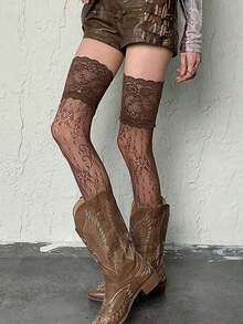 A Pair Of Solid-Color Lace Over-The-Knee Stockings, Coffee-Brown Sheer Fishnet Stockings, Suitable For Everyday Wear, Paired With Boots And Leg Warmers. - 1塊棕色零件 - 查看 4