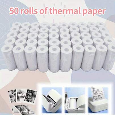 50卷/包 迷你热敏纸卷 即时相机便携式照片标签 家庭回忆收藏 备忘录 学习 白色光滑表面 即时照片打印补充装 笔记 图片 日记 无墨哑光