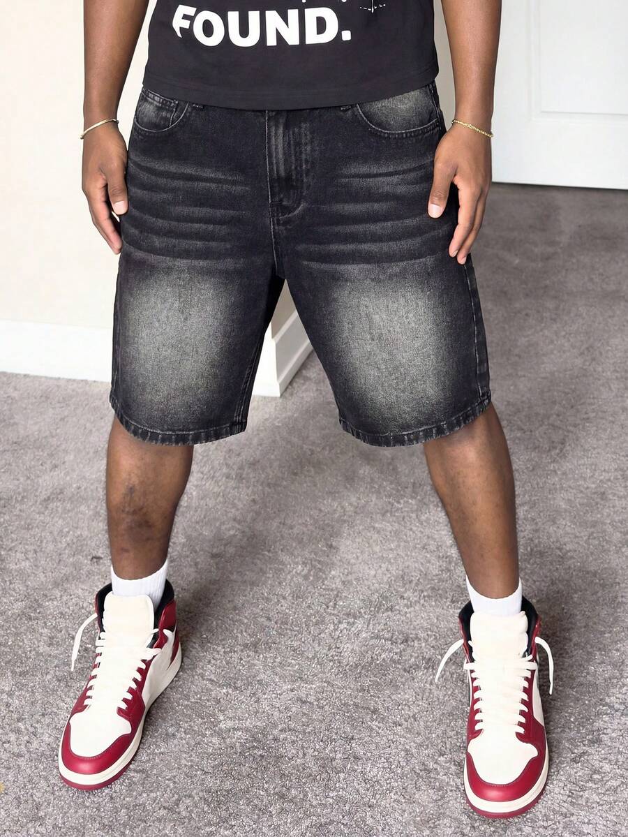 Men's Washed Loose Straight Leg Summer Denim Shorts, Casual Versatile Knee-Length Pants, Street Fashion Mid-Length Shorts, Suitable For Daily Wear - Black - View 1