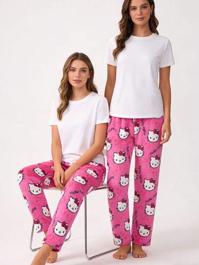 SANRIO Cartoon Flannel Pajama Pants, Thickened Fleece, Anime Style Women's Sleepwear, Couples' Loungewear, Casual Home Wear, Ideal For Sleeping Or Relaxing In Autumn/Winter, Holiday Gift, Birthday Gift, Back To School Gift, New Year Gift