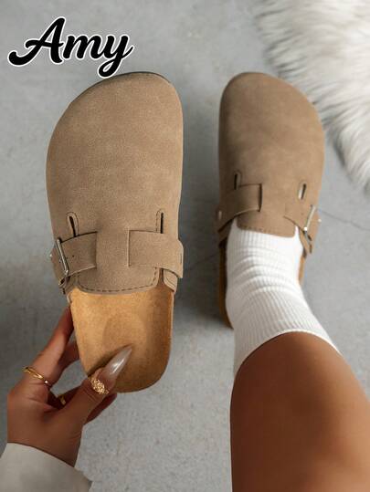 รองเท้าแตะส้นแบนแบบสวมสำหรับผู้หญิง, ทรงกว้าง, สีพื้น, หนังกลับ