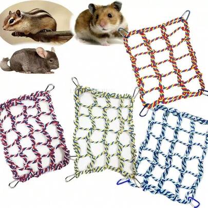 1 chiếc lưới leo trèo dệt nhiều màu sắc, giường võng cho thú cưng nhỏ như chuột hamster, sóc, vẹt. Thiết kế dệt chắc chắn, phù hợp cho thú cưng nhỏ, vẹt, chuột lang. Đồ chơi treo vui nhộn và chỗ ngủ lý tưởng.