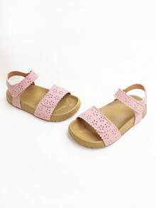 1 Pair Fashion Floral Solid Color Hollow Out Girls Hook And Loop Flat Sandals, Comfortable , Suitable For Outdoor Wear, Summer - Pink - View 5
