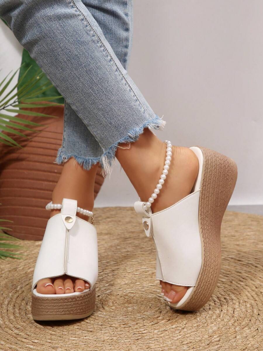 Plus Size European And American High Heel Peep-Toe Sandals Women 2026 Thick Bottom Wedge Peep-Toe Strap Buckle Linen Bottom Slippers - White - View 1