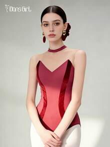 DonsGirl 1 pièce Justaucorps de ballet pour femme, tenue de danse - Maille élastique matelassée, col montant élégant, taille en velours, combinaison (avec soutien-gorge matelassé intégré) - Rouge foncé - Voir 4