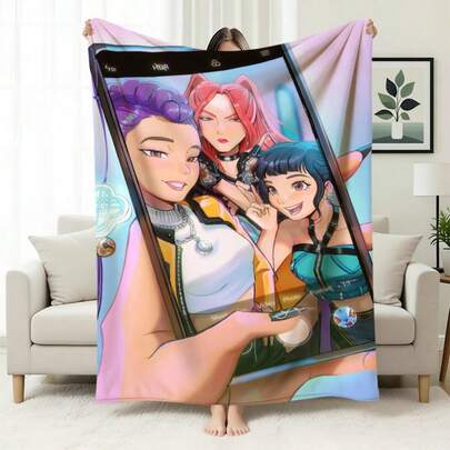 虚拟K-Pop女团卡通法兰绒毯 - 230GSM 四季舒适，多用途，适用于沙发/床/办公室/家居装饰，K-Pop粉丝的完美礼物