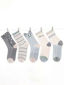5 pares de calcetines de malla para niños de 2 a 16 años, calcetines delgados y transpirables con diseño de rayas y dinosaurios de dibujos animados para niños - Multicolor - Ver 5