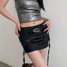 1pc Y2K Futuristic Hollow Oval Buckle Belt, Retro Punk Silver Metal Buckle Waist Belt - Coffee Brown - View 3
