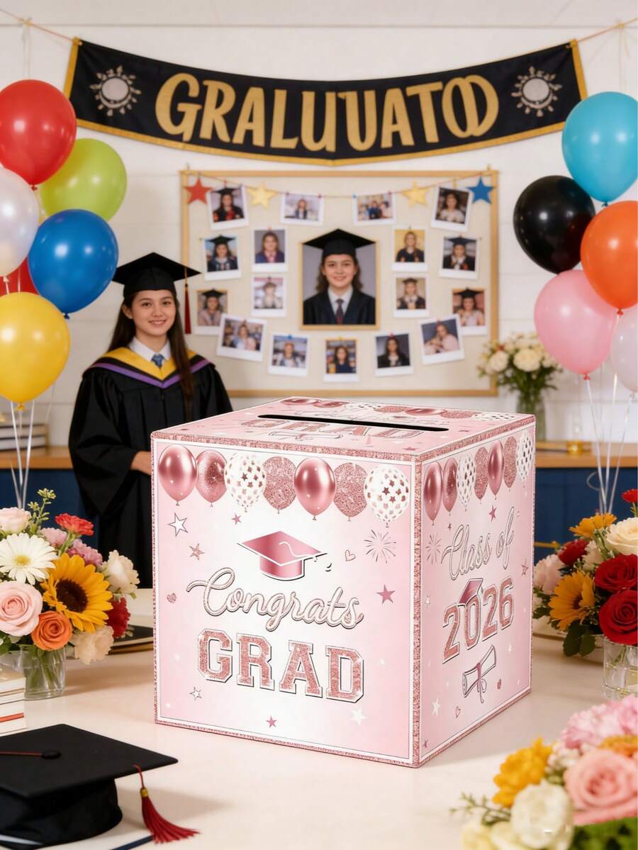 Pink Graduation Congrats Card Box, Class Of 2026 Rose Gold Graduation Party Decorations Money Card Boxes Holder, Graduation Gift Card Box For Grad Parties Supplies 8.7x 8.7x 8.7 Inch - Vàng hồng - Xem 1
