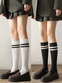 2pairs Women's Comfortable Black & White Stripe Over Knee High Socks For Fall And Winter, Cozy - 黑與白 - 查看 1