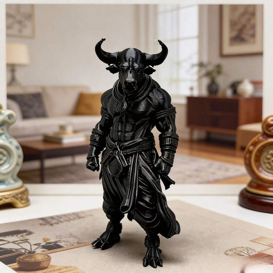 1pc Fierce Bull Warrior Figurine, Imposing And Realistic Design, Home Decor Bull Fighter Statue Suitable For Indoor/Outdoor Use, Holiday Party Decoration, Bookshelf, Desk, Garden Pond Accessories - A - View 1