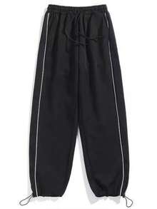 Men's Trousers, Side Tape Design, Solid Color, All-Match Style, Tapered Hem, Woven Fabric, Polyester, Suitable For Spring/Autumn, Versatile For Daily Commute Sports - Black - View 1