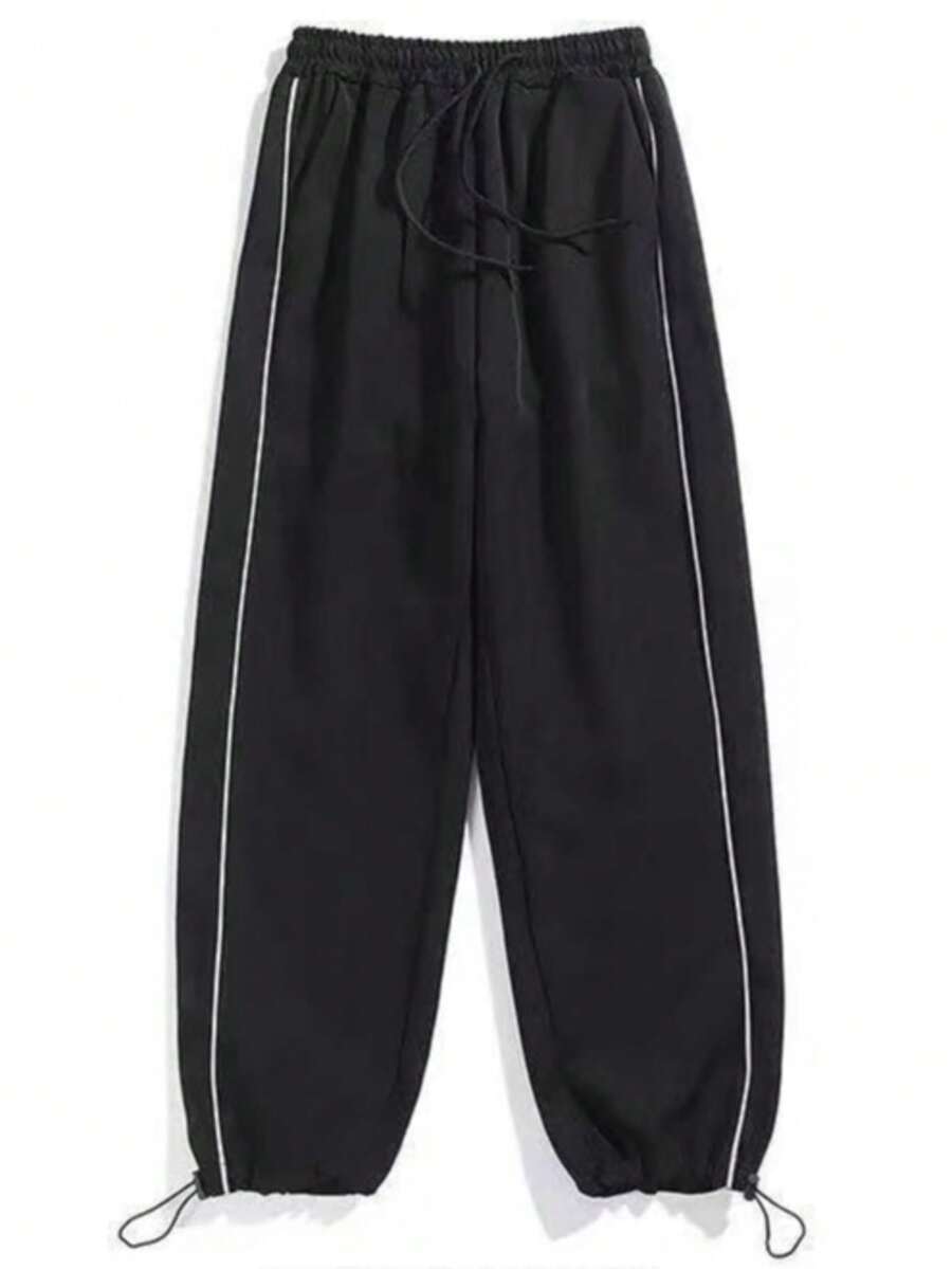 Men's Trousers, Side Tape Design, Solid Color, All-Match Style, Tapered Hem, Woven Fabric, Polyester, Suitable For Spring/Autumn, Versatile For Daily Commute Sports - Black - View 1