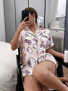 Dreamivo Silk Pajama Set, Short Sleeve Button Front Lapel Bow Cartoon Cute Front Button Pocket Contrast Trim - Yellow - View 6
