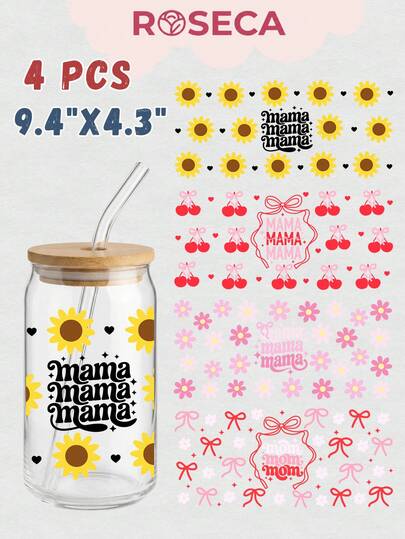 4pcs/Set UV DTF Transfer Stickers For 16oz Libbey Glass Cups (Size: 9.4x4.3 Inches), No Heat Required, Floral Sunflower Rose Lavender "Best Life Mom" Pattern, Retro Mom Letter Bow Heart Aesthetic, Waterproof Removable Stickers, Mother's Day Gift
