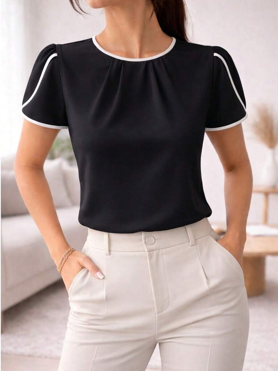 Elegant White Women's Blouse With Black Detail, Short Puff Sleeves, Round Neck, Casual Chic Office Wear. - 黑色 - 查看 1