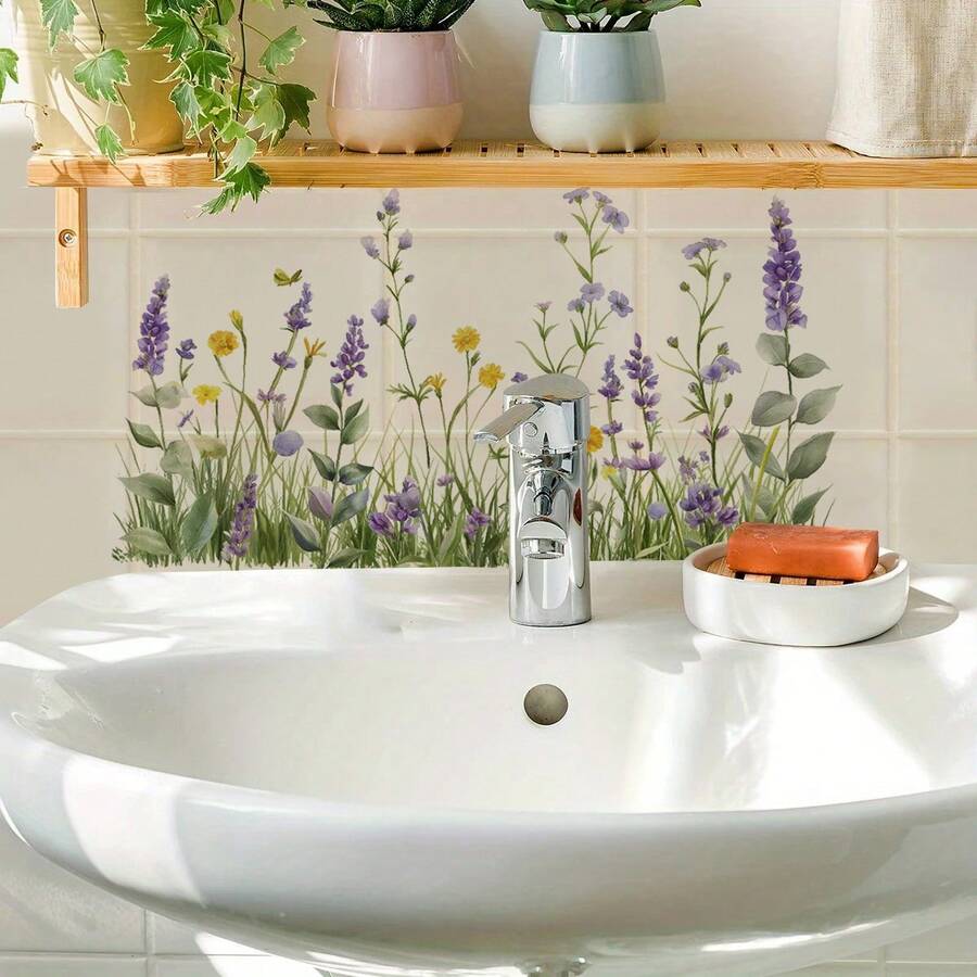 1pc Lavender Flower Wall Sticker, Fresh Floral Cluster Combination, Self-Adhesive Easy To Apply, Decorate Kitchen/Bathroom Wall With Refreshing Healing Ambience - Multicolor - View 1