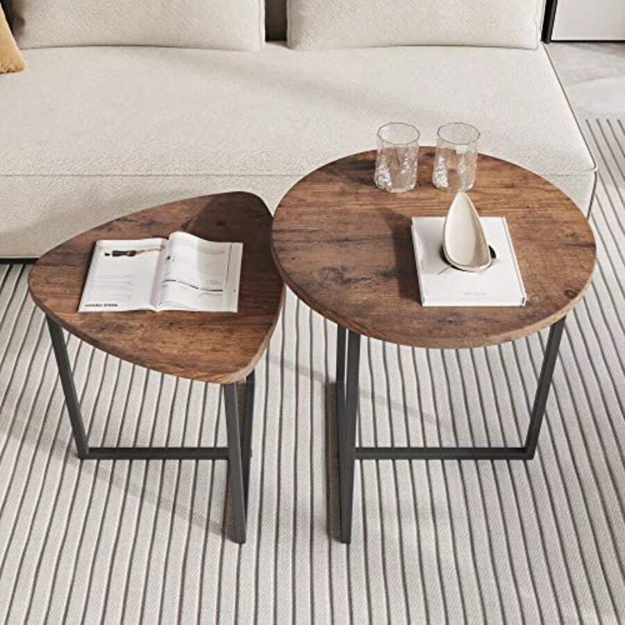 Wentu Store  Mesa de Centro Redonda Juego de Mesa de Centro para Salón 2 mesas Estructura de Metal Mesa Auxiliar de Madera Mesa Auxiliar Apilable Color Roble (Marrón)  179595 - Marrn - Ver 1