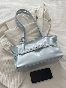 1 chiếc túi tote cỡ lớn kiểu cổ điển, túi đeo chéo cỡ lớn tiện dụng cho người đi làm, túi thời trang đi xe máy, chất liệu da PU màu trơn phủ sáp dầu, dây đeo trang trí, khóa kéo, túi đeo vai nữ thích hợp cho công việc/học tập/du lịch/làm quà tặng, lựa chọn tốt nhất cho sử dụng hàng ngày. - Màu xanh nhạt - Xem 4