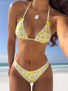 女士格子碎花挂脖比基尼套装，柠檬格子印花露背泳衣，饰有蝴蝶结，透气高弹面料，休闲沙滩泳装，适合海滩、音乐节、情人节、夏季假期等场合。 - 彩色 - 查看 2