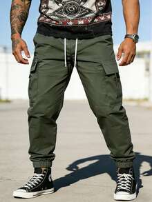 Plus Size Men's Casual Cargo Pants, Drawstring Waist Multi-Pocket Outdoor Sports Pants Fall - Olive Green - View 2