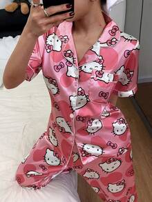Sanrio Hello Kitty 2026 Women's Silk Pajama Set, Short Sleeve Button Front Lapel Bow Cartoon Cute Front Button Pocket Contrast Trim - Pink - View 3