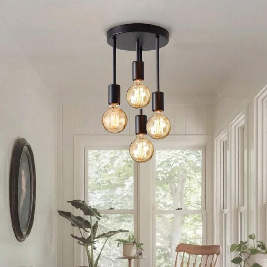 1 pieza de luz de techo moderna negra con base de 4 bombillas E27, adecuada para dormitorio, cocina, pasillo, candelabro de pasillo (sin bombilla) - negro - Ver 1